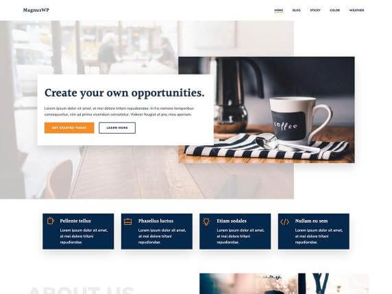 واجهة موقع تجريبي لمقهى مصمم بقالب MagnusWP أحد أفضل قوالب الووردبريس المجانية