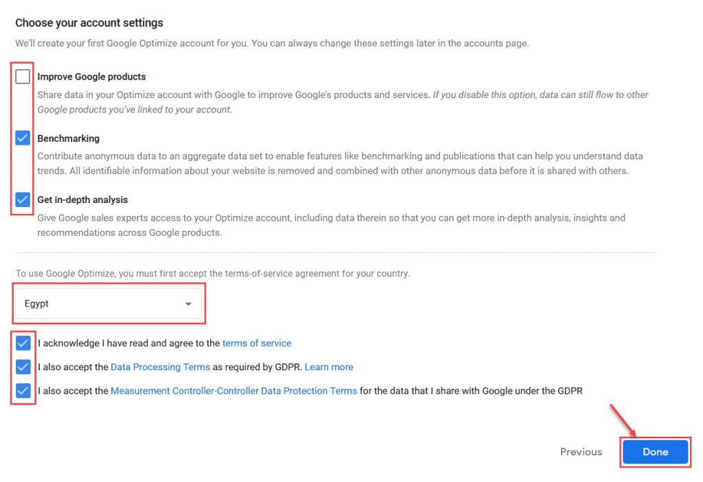 Test your account settings and agree to the terms of use