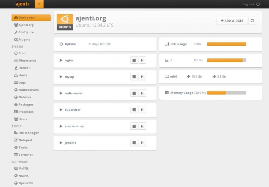 User interface of Ajenti web hosting control panel