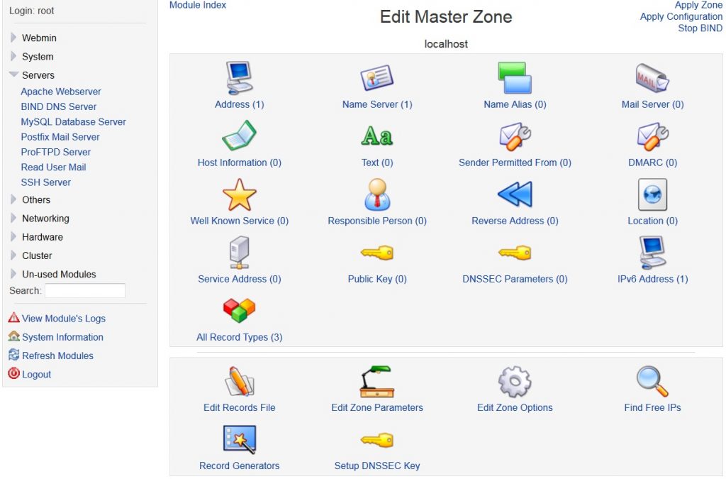 The user interface for the free cPanel alternative Webmin