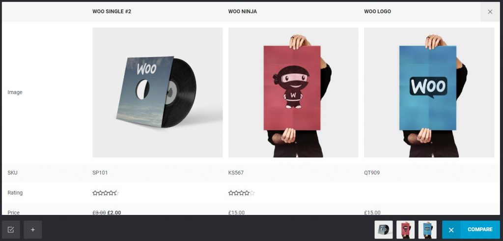 Product comparison tool created in a WooCommerce store using the WPC Smart Compare plugin