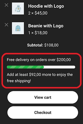 An image showing the bar that informs the customer of the amount for which products must be added to the cart in order to obtain free shipping