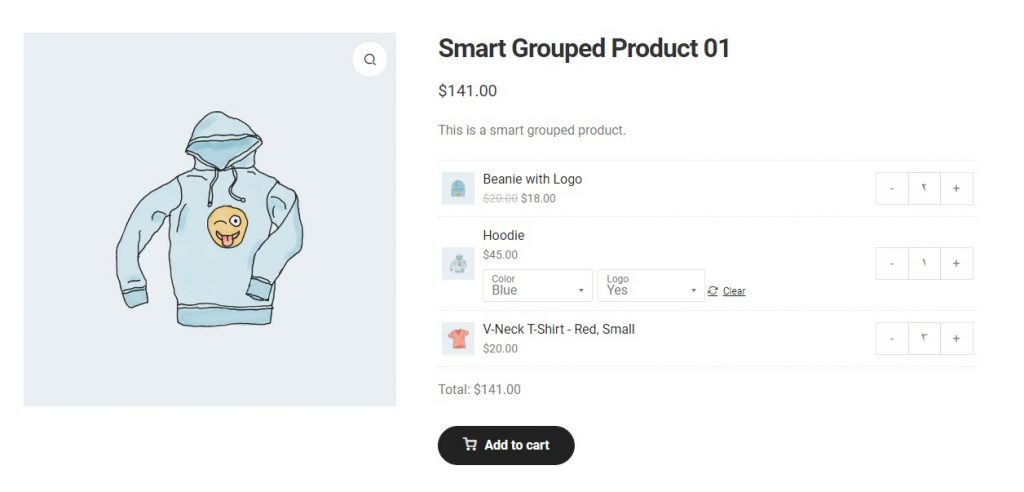 A grouped product created in WooCommerce with the WPC Grouped Product plugin