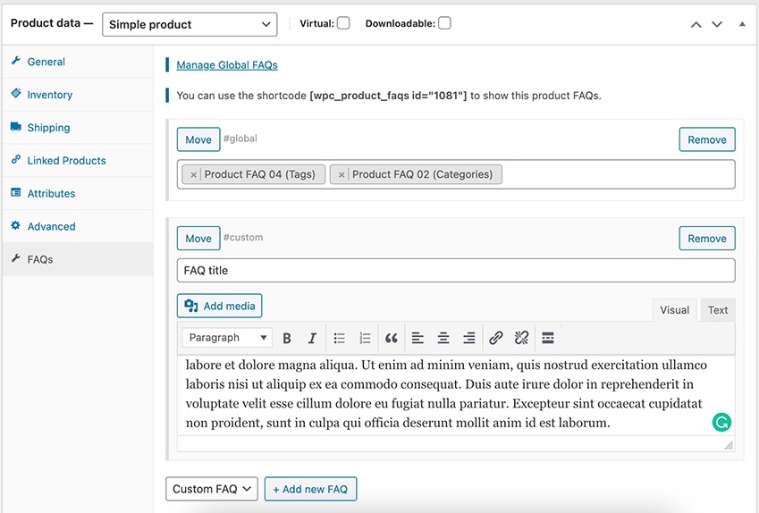 Add FAQs window in Add WPC Product FAQs