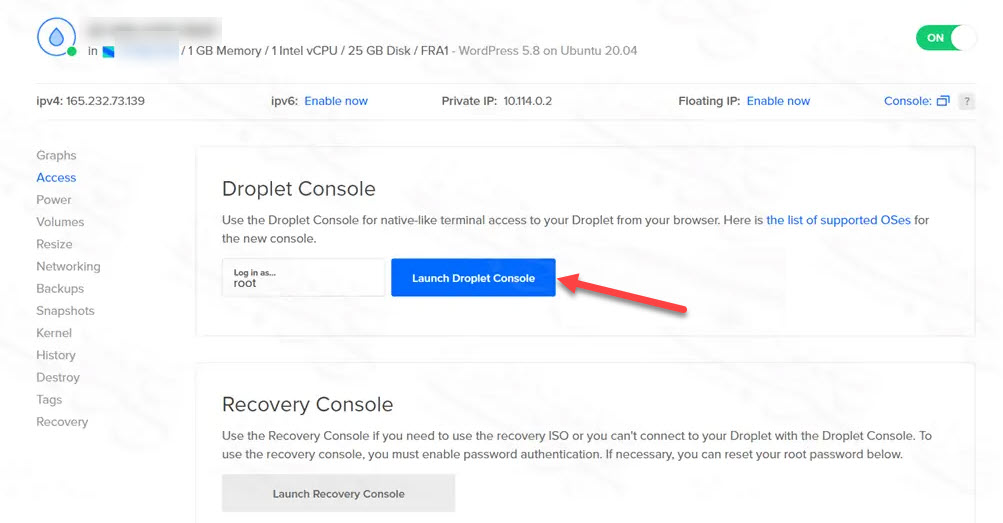 Launch the Droplet Console to install WordPress on Droplet