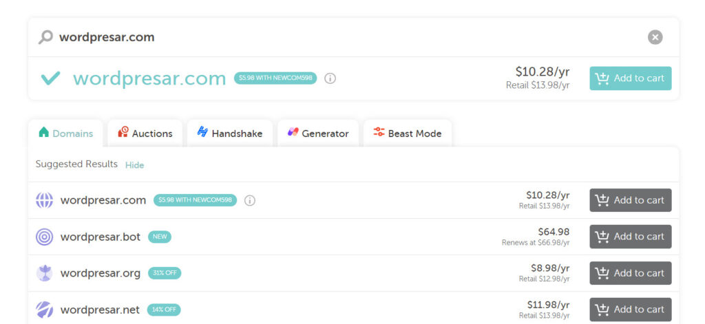 Search for a domain name on the website of one of the domain name companies