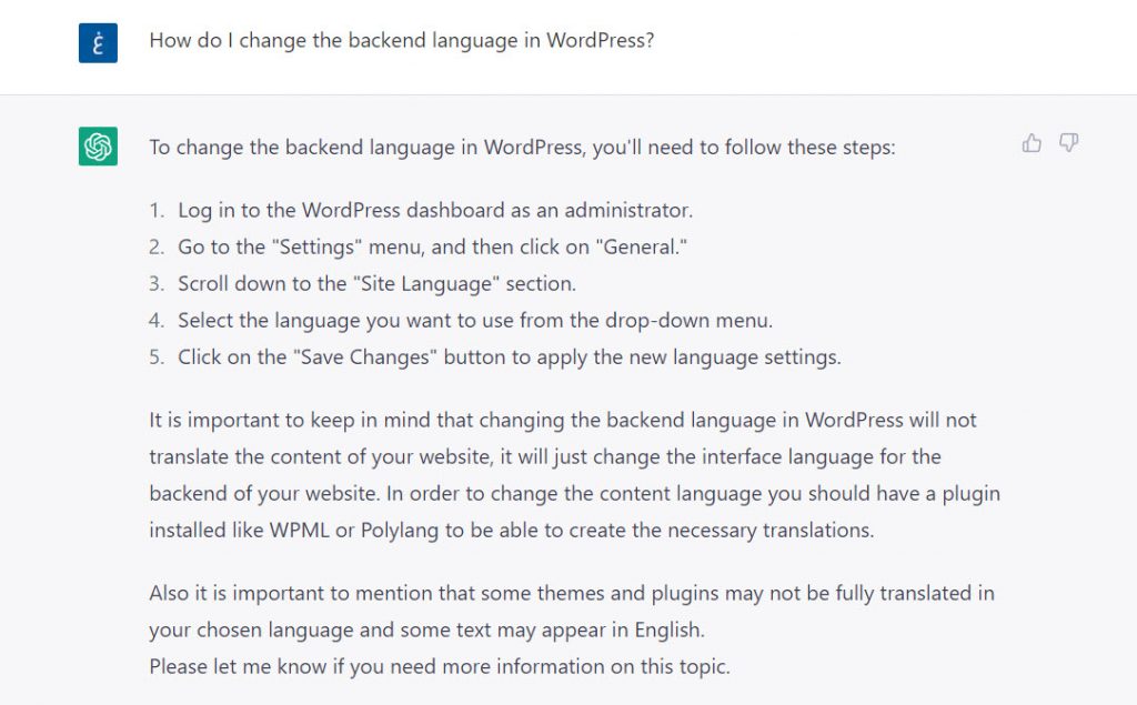 The program's answer to the question of how to change the backend language in WordPress