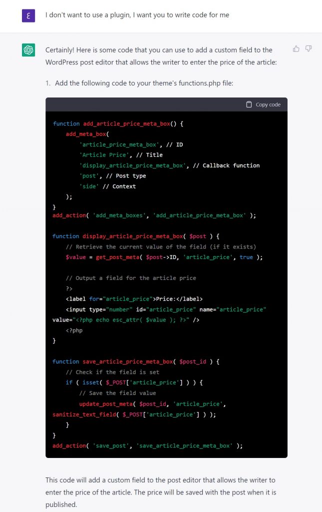 The code that ChatGPT sent at our request is code to add a custom field that allows the writer to list the price of the article