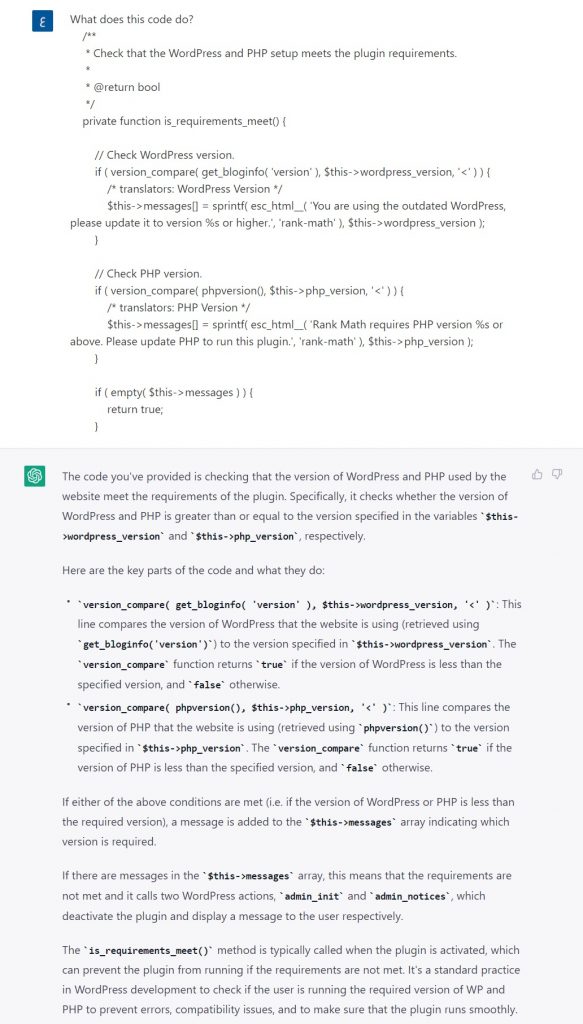 Explanation of the artificial intelligence program for one of the WordPress codes