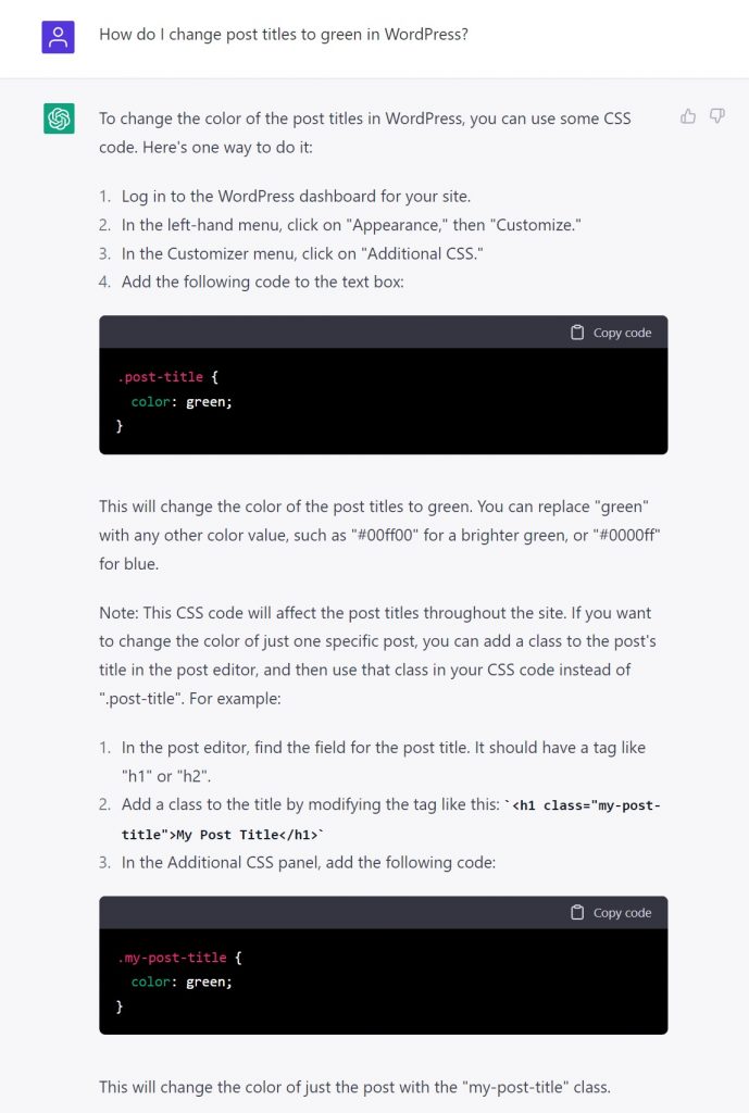 ChatGPT explained how to change the colors of article titles based on our request