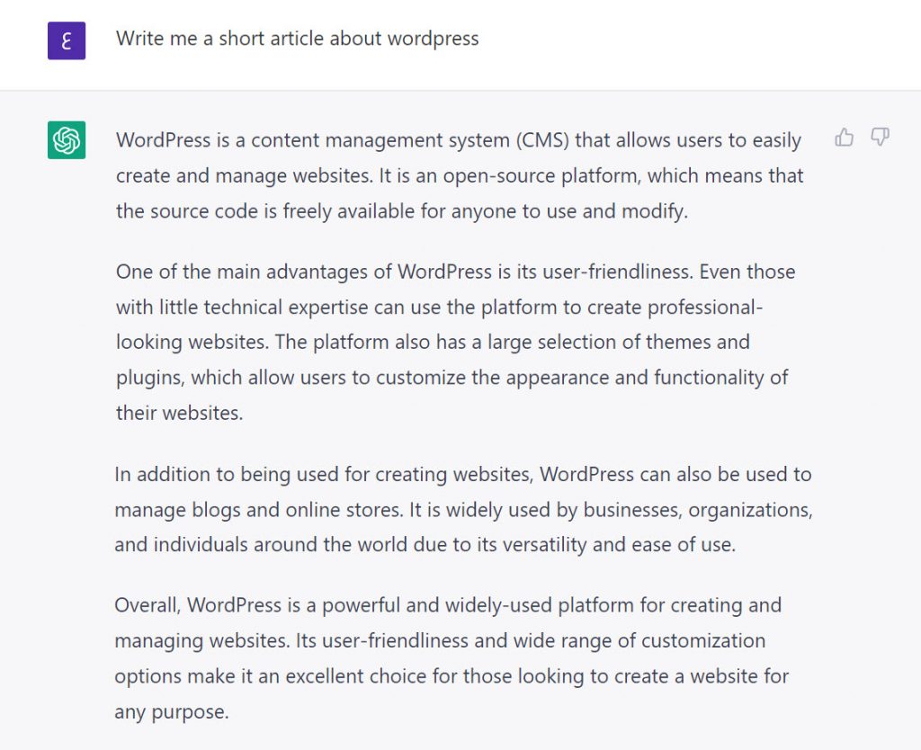 A short article about WordPress written by ChatGPT right after we asked it to do so