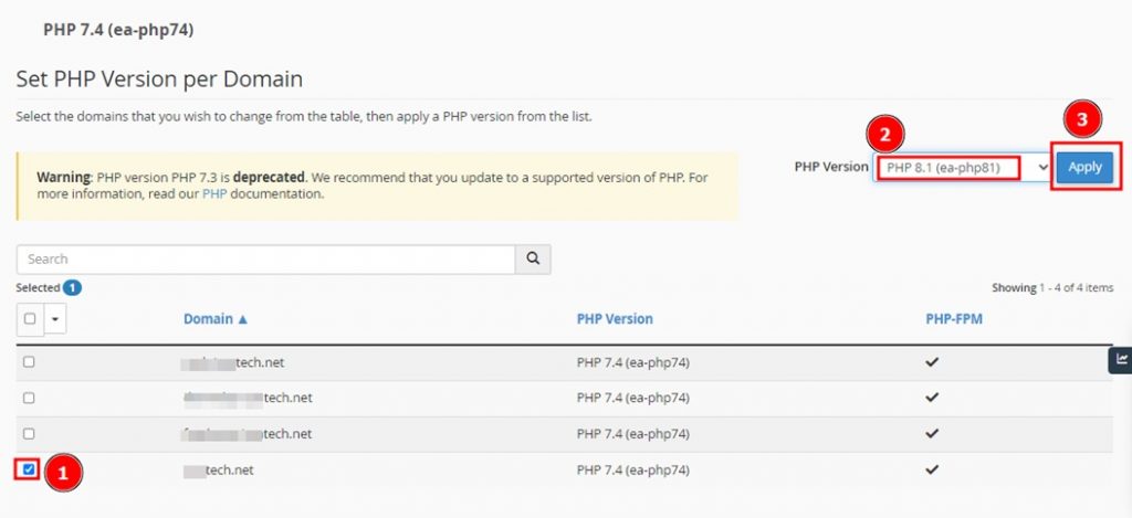 40 - اختيار نسخة PHP والنقر على Apply لتحديث إصدار PHP في الموقع
