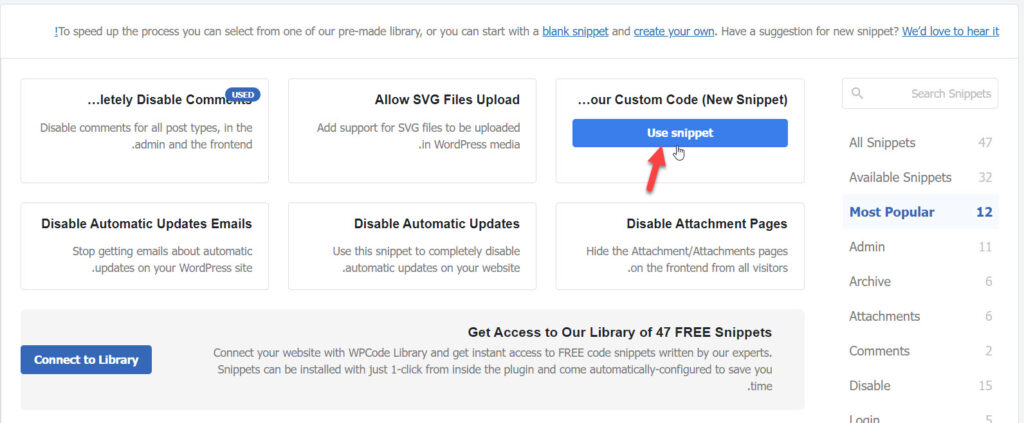 Click on (Use snippet) in the New snippet section