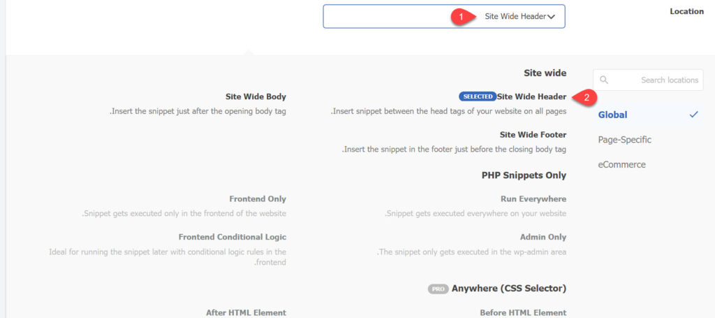 Determine where to insert the code on the site within the WPCode add-on options