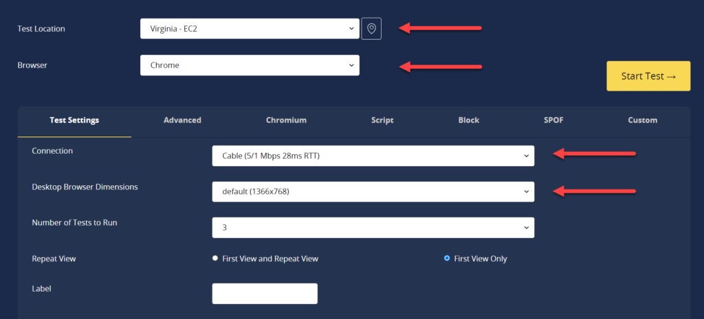 05- Specify the properties of the site speed measurement server on the WebPageTest tool