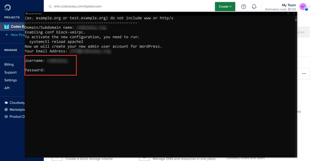 10- Specify login data to the WordPress system on Digital Ocean hosting