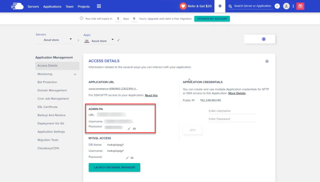 16- Login details to the main control panel of your website on the Cloudways website