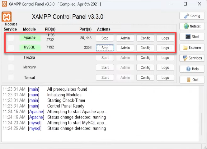 18- Preparing the Apache server and MySQL databases on the XAMPP server simulation program