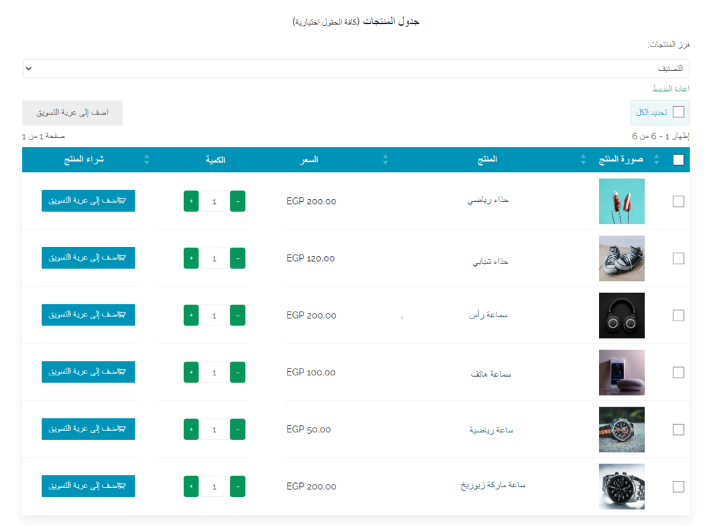 18- المظهر النهائي لجدول المنتجات داخل صفحات متجرك الإلكتروني