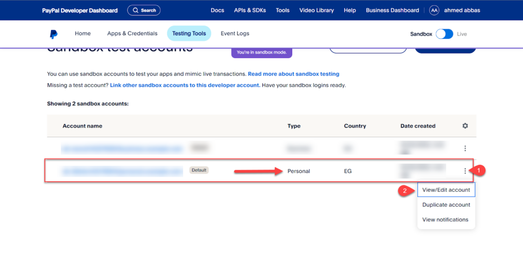 26 - التعديل على حساب الأفراد Sandbox على PayPal