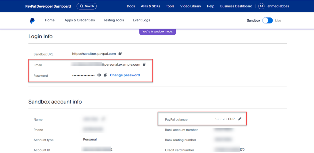 27- بيانات الحساب المشتري التجريبي على PayPal Sandbox