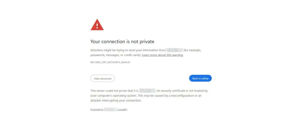 رسالة تحذيرية لمغادرة الموقع لعدم استخدام شهادة SSL