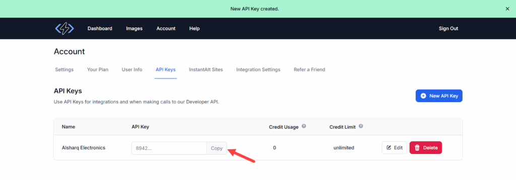 نسخ مفتاح API