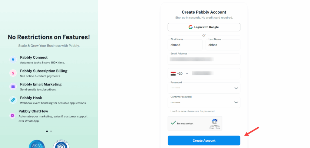 إنشاء حساب جديد على أداة Pabbly Connect