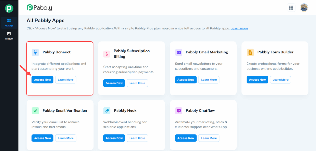 لوحة تحكم أداة Pabbly الرئيسية