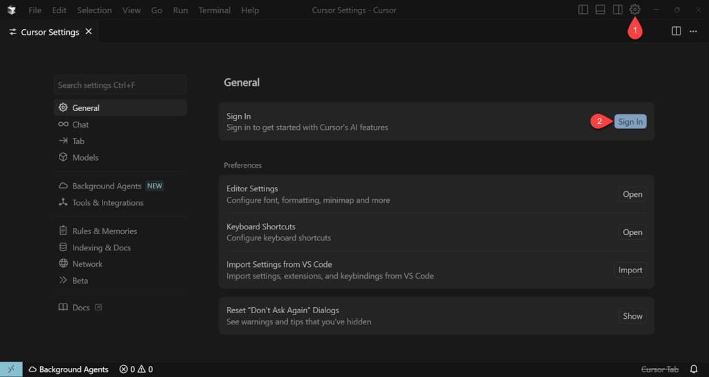 النقر على زر Sign In لربط حساب Cursor بالبرنامج