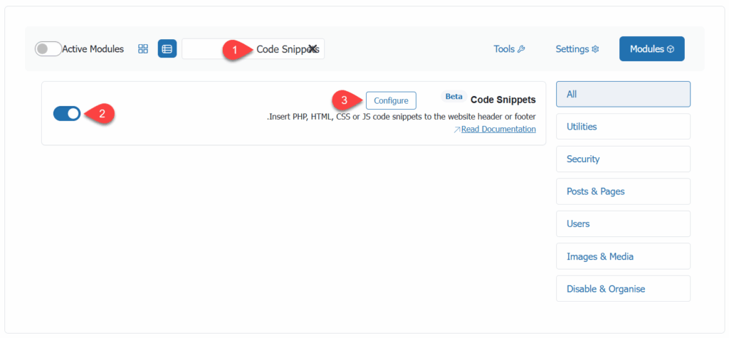 تفعيل وحدة Code Snippets