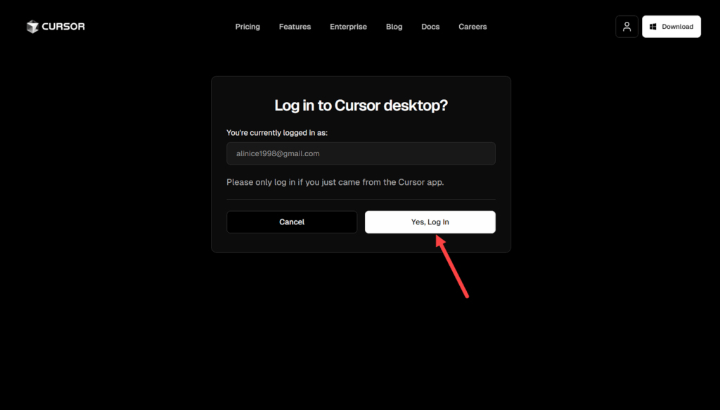 الموافقة على تسجيل الدخول إلى برنامج Cursor على الكومبيوتر