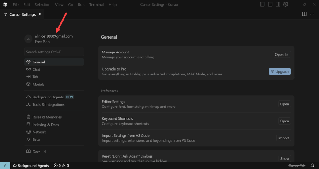 ظهور معلومات الحساب في واجهة برنامج Cursor