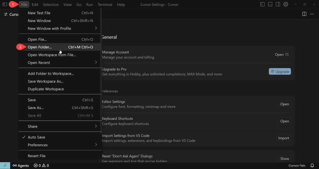 فتح مجلد في برنامج Cursor