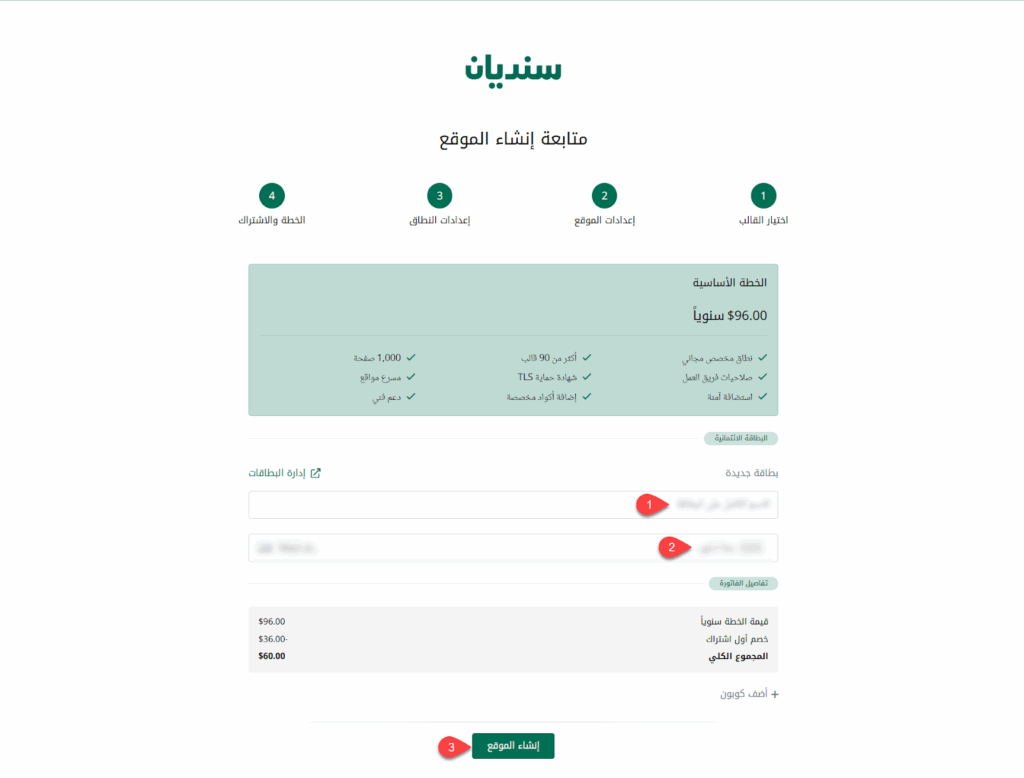 إدخال معلومات الدفع وإنشاء الموقع